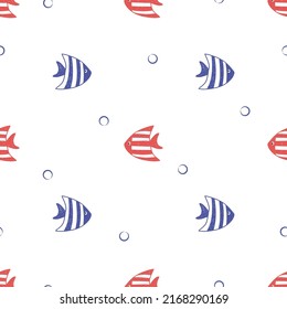 Seamless vector hand drawn fish pattern in red and blue colors.