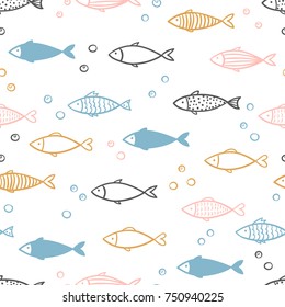 Seamless Vector Hand Drawn Fish Pattern.