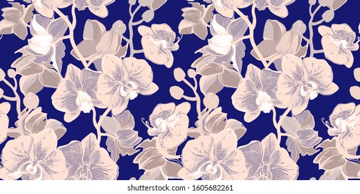 Seamless vector hand drawn floral pattern in tropical style with exotic orchid tree flowers, leaves and branches. Gentle pink beige flowers on trendy color 2020 phantom blue background. 