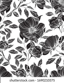 Seamless  Vector  hand drawn floral pattern, black and white. 