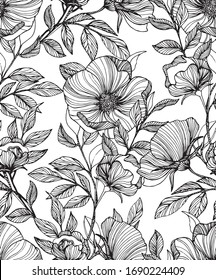 Seamless  Vector  hand drawn floral pattern, black and white. 