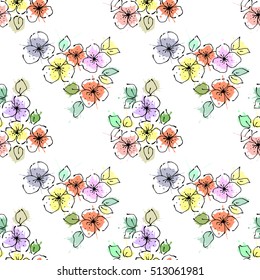 Seamless vector hand drawn seamless floral  pattern. Colorful Background with flowers. Decorative graphic vector drawn illustration. Line drawing