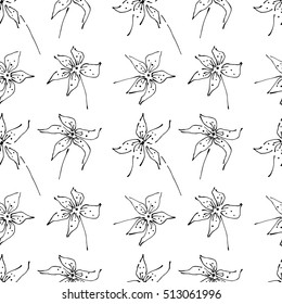 Seamless vector hand drawn seamless floral  pattern. Black and white Background with flowers, leaves. Decorative graphic vector drawn illustration. Line drawing.