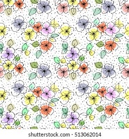 Seamless vector hand drawn seamless floral  pattern. Colorful Background with flowers. Decorative graphic vector drawn illustration. Line drawing