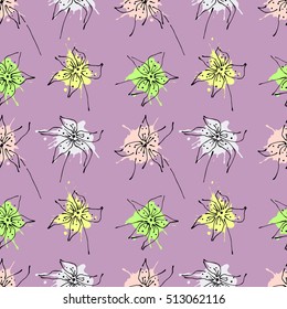 Seamless vector hand drawn seamless floral  pattern. Violet Background with flowers, leaves. Decorative graphic vector drawn illustration
