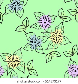 Seamless vector hand drawn seamless floral  pattern. Green Background with flowers, leaves. Decorative graphic vector drawn illustration with splash, spots, drops. Line drawing