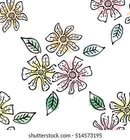 Seamless vector hand drawn seamless floral  pattern. Colorful Background with flowers, leaves. Decorative graphic vector drawn illustration with splash, spots, drops. Line drawing