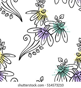 Seamless vector hand drawn seamless floral  pattern. Colorful Background with flowers, leaves. Decorative graphic vector drawn illustration with splash, spots, drops. Line drawing