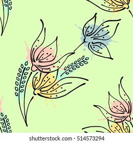 Seamless vector hand drawn seamless floral  pattern. Green Background with flowers, leaves. Decorative graphic vector drawn illustration with splash, spots, drops. Line drawing