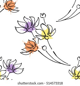 Seamless vector hand drawn seamless floral  pattern. Colorful Background with flowers, leaves. Decorative graphic vector drawn illustration with splash, spots, drops. Line drawing