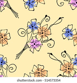 Seamless vector hand drawn seamless floral  pattern. Yellow Background with flowers, leaves. Decorative graphic vector drawn illustration with splash, spots, drops. Line drawing
