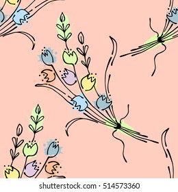Seamless vector hand drawn seamless floral  pattern. Pink Background with flowers, leaves. Decorative graphic vector drawn illustration with splash, spots, drops. Line drawing