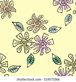 Seamless vector hand drawn seamless floral  pattern. Yellow Background with flowers, leaves. Decorative graphic vector drawn illustration with splash, spots, drops. Line drawing