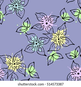 Seamless vector hand drawn seamless floral  pattern. Blue Background with flowers, leaves. Decorative graphic vector drawn illustration with splash, spots, drops. Line drawing