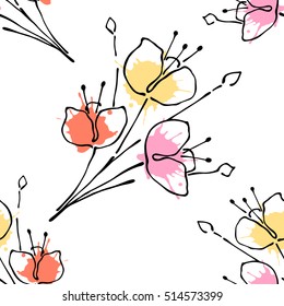 Impresionante patrón floral sin fisuras. Fondo colorido con flores, hojas. Dibujo gráfico decorativo dibujado con salpicaduras, puntos, caídas. Dibujo de línea