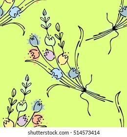 Seamless vector hand drawn seamless floral  pattern. Green Background with flowers, leaves. Decorative graphic vector drawn illustration with splash, spots, drops. Line drawing