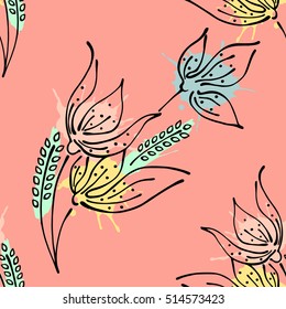Seamless vector hand drawn seamless floral  pattern. Pink Background with flowers, leaves. Decorative graphic vector drawn illustration with splash, spots, drops. Line drawing
