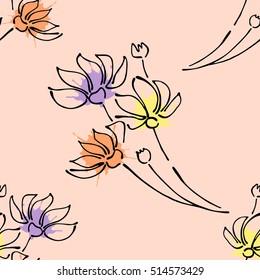 Seamless vector hand drawn seamless floral  pattern. Pink Background with flowers, leaves. Decorative graphic vector drawn illustration with splash, spots, drops. Line drawing