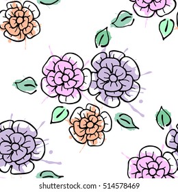 Seamless vector hand drawn seamless floral  pattern. Colorful Background with flowers, leaves. Decorative graphic vector drawn illustration. Line drawing