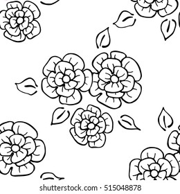 Seamless vector hand drawn seamless floral  pattern. Background with flowers, leaves. Decorative graphic vector drawn illustration. Line drawing
