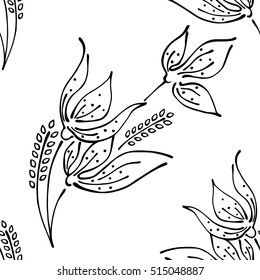 Seamless vector hand drawn seamless floral  pattern. Background with flowers, leaves. Decorative graphic vector drawn illustration. Line drawing