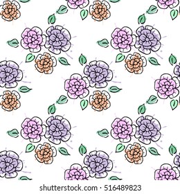 Seamless vector hand drawn seamless floral  pattern. Colorful Background with flowers, leaves. Decorative graphic vector drawn illustration. Line drawing