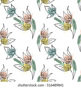 Seamless vector hand drawn seamless floral  pattern. Colorful Background with flowers, leaves. Decorative graphic vector drawn illustration. Line drawing