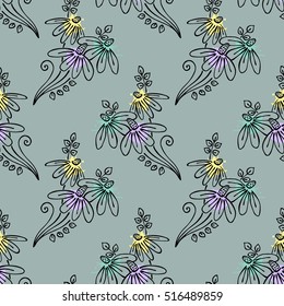 Seamless vector hand drawn seamless floral  pattern. Blue Background with flowers, leaves. Decorative graphic vector drawn illustration. Line drawing
