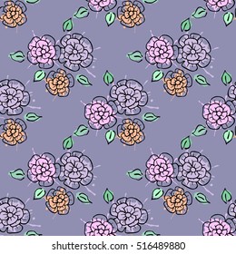 Seamless vector hand drawn seamless floral  pattern. Blue Background with flowers, leaves. Decorative graphic vector drawn illustration. Line drawing