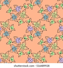 Seamless vector hand drawn seamless floral  pattern. Red Background with flowers, leaves. Decorative graphic vector drawn illustration. Line drawing