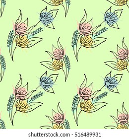 Seamless vector hand drawn seamless floral  pattern. Green Background with flowers, leaves. Decorative graphic vector drawn illustration. Line drawing