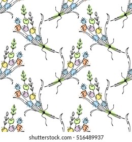 Seamless vector hand drawn seamless floral  pattern. White Background with flowers, leaves. Decorative graphic vector drawn illustration. Line drawing