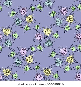 Seamless vector hand drawn seamless floral  pattern. Blue Background with flowers, leaves. Decorative graphic vector drawn illustration. Line drawing