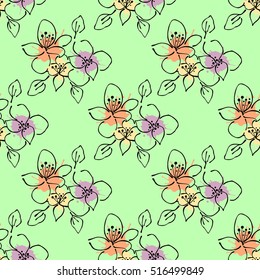 Seamless vector hand drawn seamless floral  pattern. Green Background with flowers, leaves. Decorative graphic vector drawn illustration. Line drawing with splash, blots