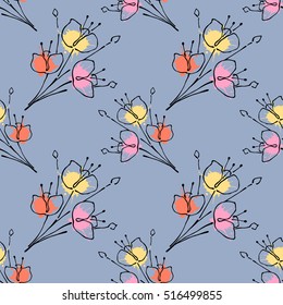 Seamless vector hand drawn seamless floral  pattern.  Blue Background with flowers, leaves. Decorative graphic vector drawn illustration. Line drawing with splash, blots
