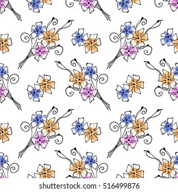 Seamless vector hand drawn seamless floral  pattern.  Colorful Background with flowers, leaves. Decorative graphic vector drawn illustration. Line drawing with splash, blots