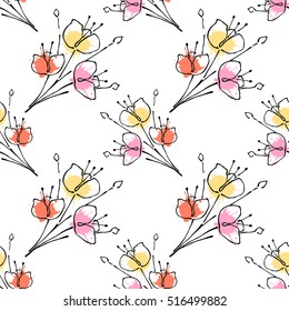 Seamless vector hand drawn seamless floral  pattern. Colorful Background with flowers, leaves. Decorative graphic vector drawn illustration. Line drawing with splash, blots