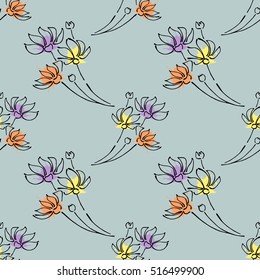 Seamless vector hand drawn seamless floral  pattern. Blue Background with flowers, leaves. Decorative graphic vector drawn illustration. Line drawing with splash, blots