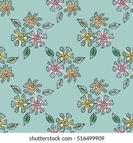 Seamless vector hand drawn seamless floral  pattern. Blue  Background with flowers, leaves. Decorative graphic vector drawn illustration. Line drawing with splash, blots