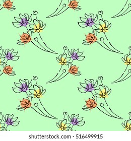 Seamless vector hand drawn seamless floral  pattern. Green  Background with flowers, leaves. Decorative graphic vector drawn illustration. Line drawing with splash, blots