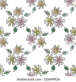 Seamless vector hand drawn seamless floral  pattern.  Colorful Background with flowers, leaves. Decorative graphic vector drawn illustration. Line drawing with splash, blots