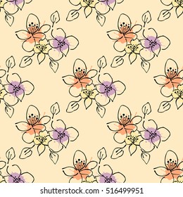 Seamless vector hand drawn seamless floral  pattern. Beige Background with flowers, leaves. Decorative graphic vector drawn illustration. Line drawing with splash, blots