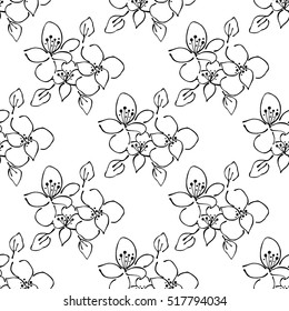 Seamless vector hand drawn seamless floral  pattern. Background with flowers, leaves. Decorative graphic vector drawn illustration. Line drawing