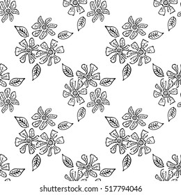 Seamless vector hand drawn seamless floral  pattern. Background with flowers, leaves. Decorative graphic vector drawn illustration. Line drawing