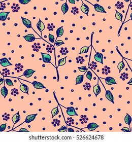 Seamless vector hand drawn seamless floral  pattern. Pink Background with flowers, leaves. Decorative cute graphic hand drawing seamles patern illustration