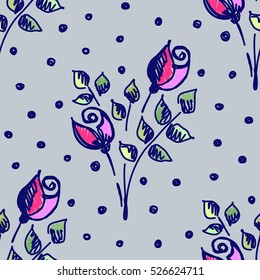 Seamless vector hand drawn seamless floral  pattern. Blue  Background with flowers. Decorative cute graphic hand drawing seamles patern illustration