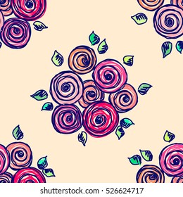 Seamless vector hand drawn seamless floral  pattern. Pink Background with flowers, leaves. Decorative cute graphic hand drawing seamles patern illustration