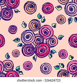 Seamless vector hand drawn seamless floral  pattern. Pink Background with flowers, leaves. Decorative cute graphic hand drawing seamles patern illustration