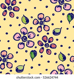 Seamless vector hand drawn seamless floral  pattern. Colorful Background with flowers. Decorative cute graphic hand drawing seamles patern illustration