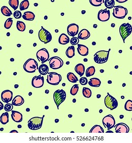 Seamless vector hand drawn seamless floral  pattern. Green Background with flowers, leaves, dots. Decorative cute graphic hand drawing seamles patern illustration
